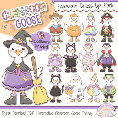 Classroom Goose Halloween Dress-Up Pack printable featuring 13 Halloween costumes including witch, pumpkin, pirate, rainbow, vampire, mummy, black cat, ghost, clown, and more for preschool, kindergarten, daycare, bulletin board decor, and seasonal classroom displays.