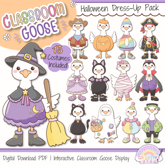 Classroom Goose Halloween Dress-Up Pack printable featuring 13 Halloween costumes including witch, pumpkin, pirate, rainbow, vampire, mummy, black cat, ghost, clown, and more for preschool, kindergarten, daycare, bulletin board decor, and seasonal classroom displays.