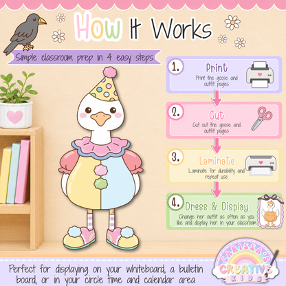 How to use the Classroom Goose Halloween Dress-Up Pack printable in 4 easy steps: print, cut, laminate, then dress and display the goose on a bulletin board, whiteboard, circle time area, or calendar space for preschool, kindergarten, daycare, and elementary classroom decor.