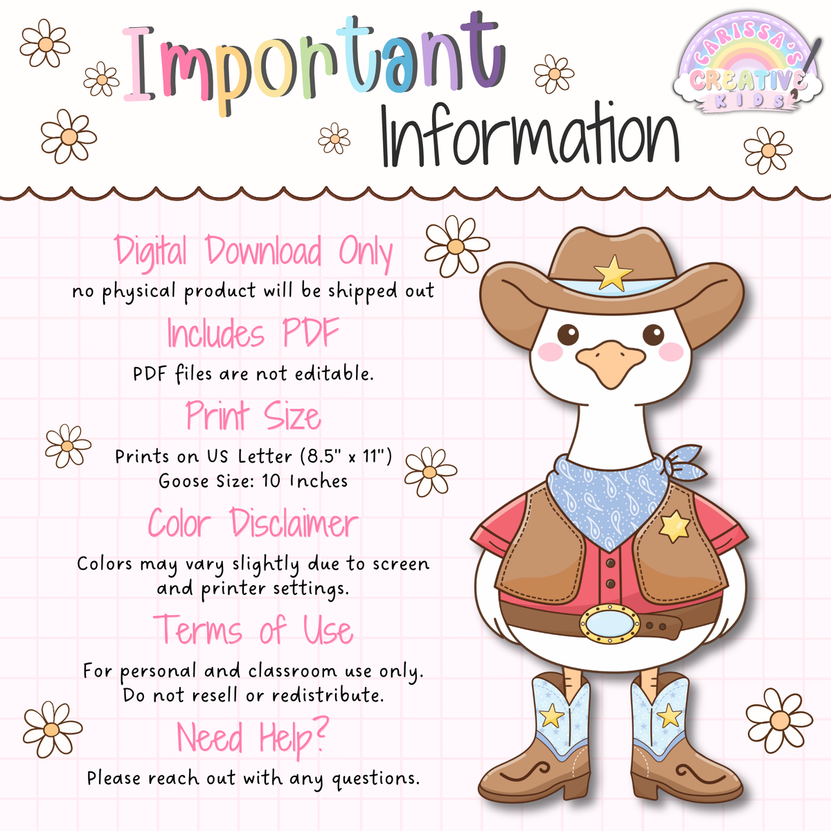 Important information for the Classroom Goose Halloween Dress-Up Pack digital download, showing PDF format, US Letter print size, 10-inch goose size, color disclaimer, classroom use terms, and a cowboy Classroom Goose costume.