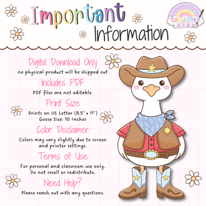 Important information for the Classroom Goose Halloween Dress-Up Pack digital download, showing PDF format, US Letter print size, 10-inch goose size, color disclaimer, classroom use terms, and a cowboy Classroom Goose costume.