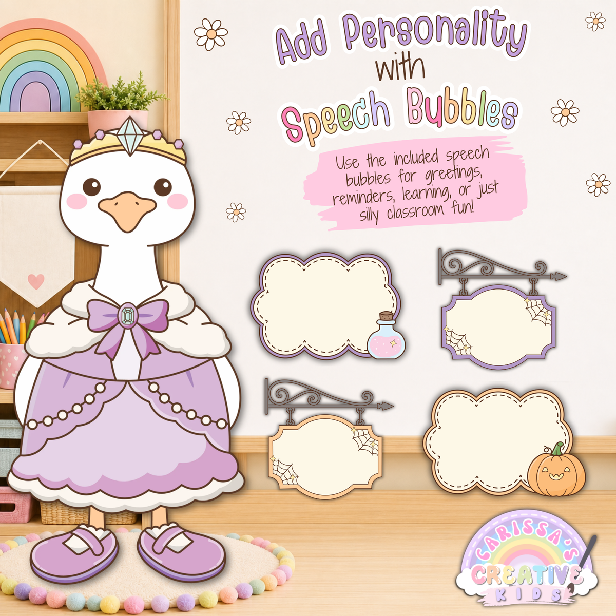 Classroom Goose Halloween speech bubble printables featuring a princess dress-up goose and four blank Halloween message signs for greetings, reminders, learning prompts, and silly classroom notes in preschool, kindergarten, daycare, or bulletin board displays.