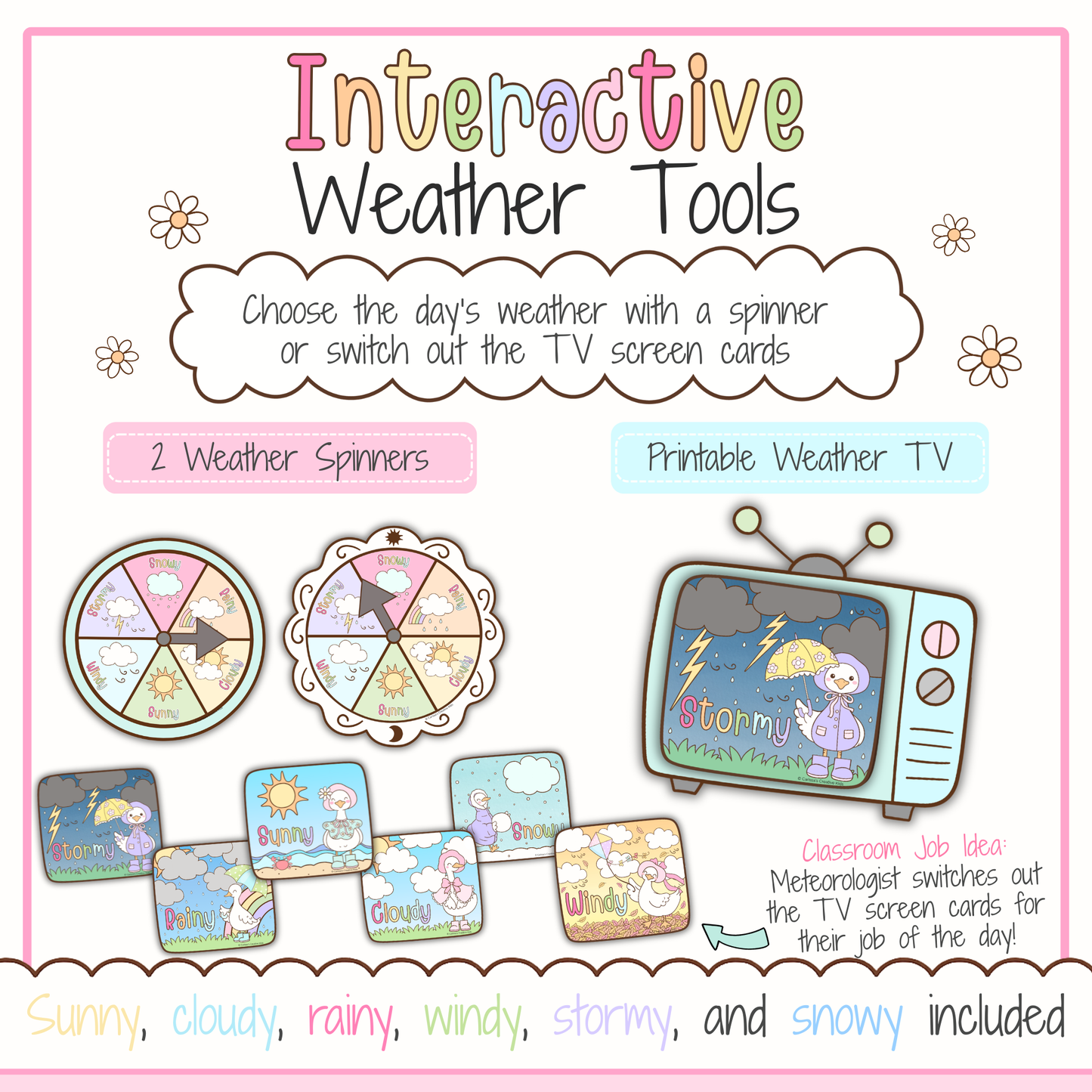 Interactive weather tools printable from the Classroom Goose Weather & Seasons Pack featuring 2 weather spinners, a printable weather TV, and interchangeable sunny, cloudy, rainy, windy, stormy, and snowy weather cards for circle time, morning meeting, or a classroom weather station.