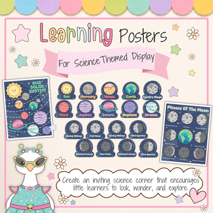 Outer space learning posters from the Classroom Goose Science Pack featuring a solar system poster, planet cards, and moon phases chart for a preschool or elementary science display, classroom posters, bulletin board, or learning corner.
