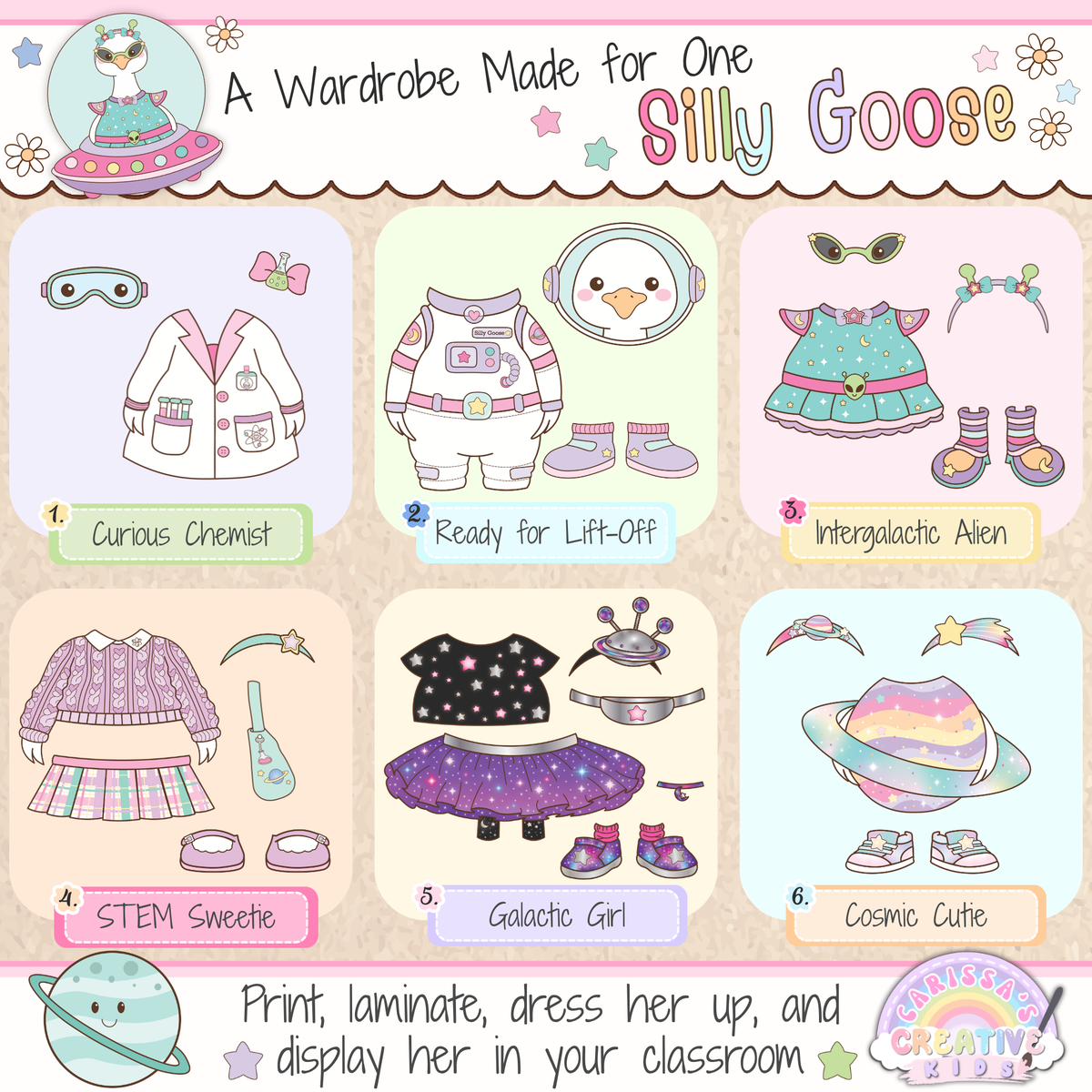 Classroom Goose outer space dress-up wardrobe printable featuring 6 science and space outfits including Curious Chemist, astronaut, alien, STEM, galaxy, and cosmic planet looks for preschool and elementary classroom decor.