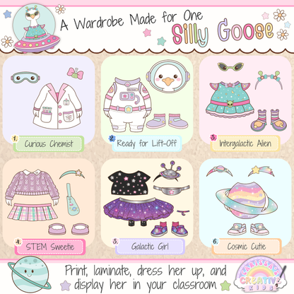 Classroom Goose outer space dress-up wardrobe printable featuring 6 science and space outfits including Curious Chemist, astronaut, alien, STEM, galaxy, and cosmic planet looks for preschool and elementary classroom decor.