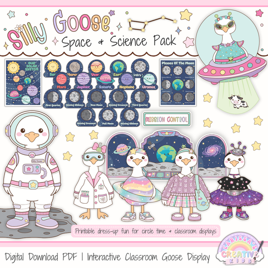 Classroom Goose Space & Science Pack printable classroom decor featuring a dress-up astronaut and alien goose, space theme mission control printable, space games, outer space posters, space movement cards, and pastel classroom display pieces for preschool, kindergarten, and elementary classrooms.