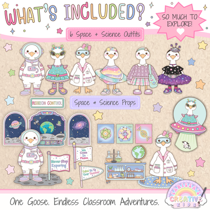 What’s included in the Classroom Goose Outer Space and Science Pack printable, featuring 6 dress-up goose outfits, astronaut and alien looks, Mission Control backgrounds, planets, science props, laboratory decor, flags, and space-themed classroom display pieces for preschool and elementary teachers.
