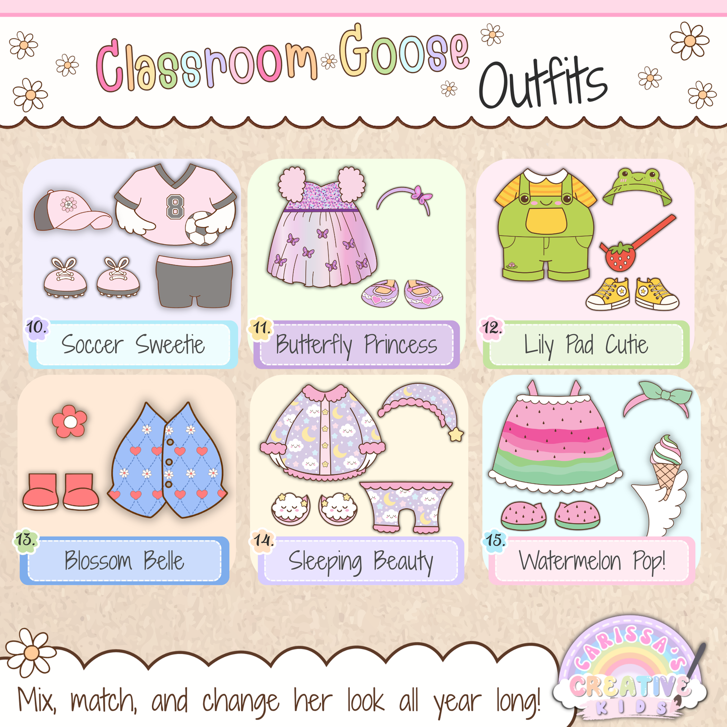 Classroom Goose printable outfit preview for silly goose decor, classroom decor, kindergarten, elementary decor, speech therapy rooms, playroom decor, classroom posters, and bulletin board kit displays.