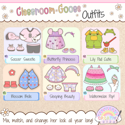 Classroom Goose printable outfit preview for silly goose decor, classroom decor, kindergarten, elementary decor, speech therapy rooms, playroom decor, classroom posters, and bulletin board kit displays.