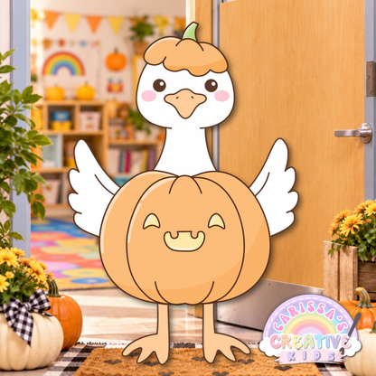 Classroom Goose Halloween pumpkin costume printable shown as a festive classroom door display, featuring a silly goose dressed as a smiling pumpkin for preschool, kindergarten, daycare decor, bulletin board decor, and seasonal classroom decor.