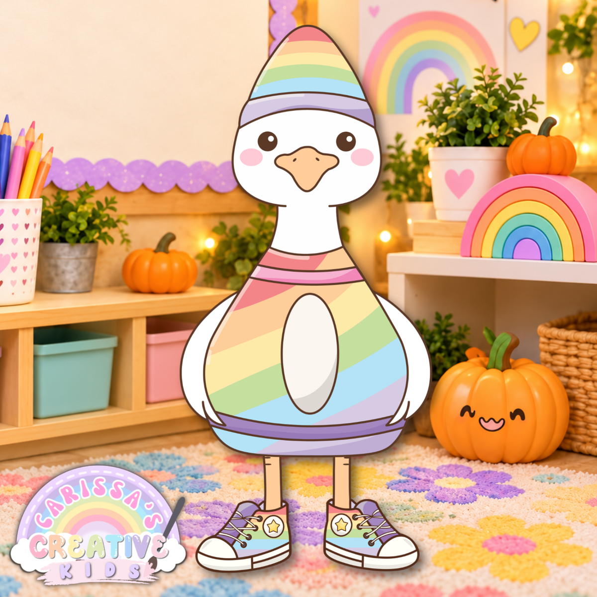 Classroom Goose rainbow costume printable shown in a colorful Halloween classroom, featuring a silly goose in a pastel rainbow outfit and sneakers for preschool, kindergarten, daycare decor, bulletin board decor, and playful classroom displays.