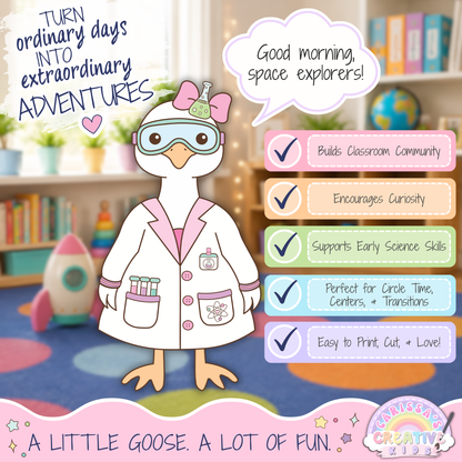 Classroom Goose science classroom decor printable showing a dress-up goose in a lab coat with speech bubble, highlighting classroom community, curiosity, early science skills, circle time, centers, transitions, and easy print-and-cut use.