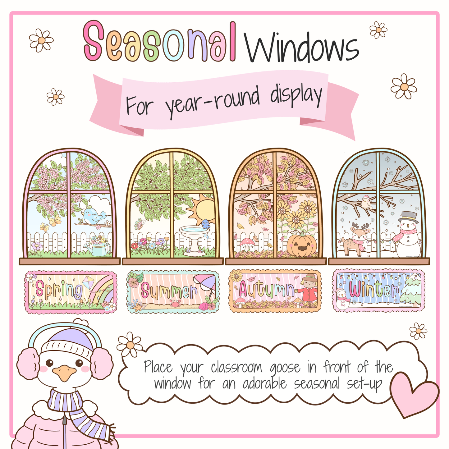 Seasonal windows printable from the Classroom Goose Weather & Seasons Pack featuring spring, summer, autumn, and winter classroom window scenes with matching season labels for a year-round weather wall or bulletin board display.