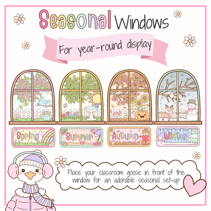Seasonal windows printable from the Classroom Goose Weather & Seasons Pack featuring spring, summer, autumn, and winter classroom window scenes with matching season labels for a year-round weather wall or bulletin board display.
