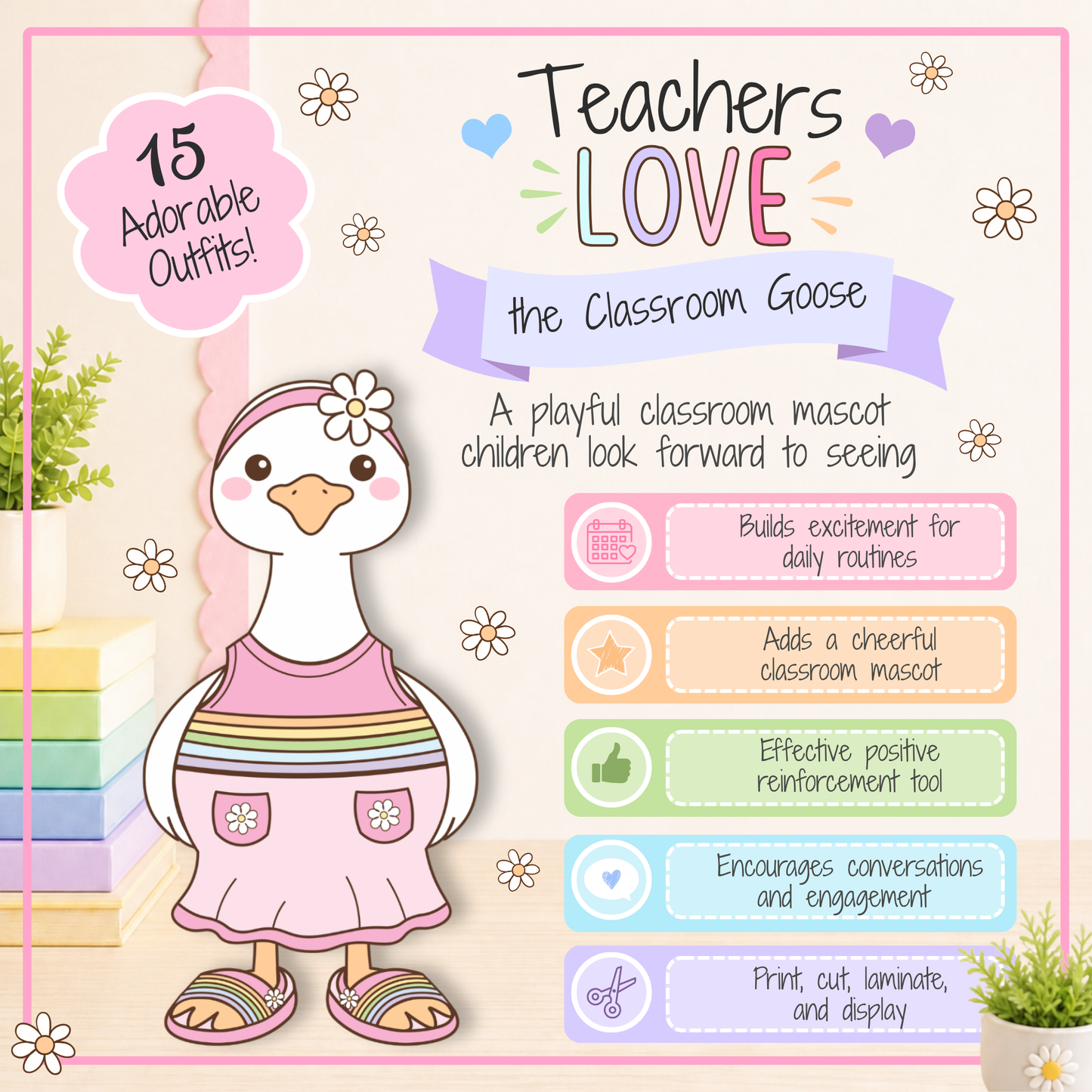 Teachers love this printable Classroom Goose classroom decor mascot for daily routines, positive reinforcement, kindergarten classrooms, elementary decor, speech therapy rooms, playroom decor, classroom posters, and bulletin board kit displays.