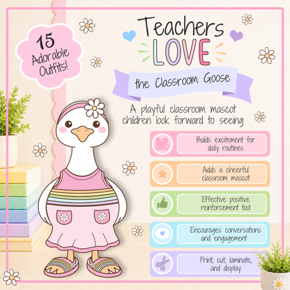Teachers love this printable Classroom Goose classroom decor mascot for daily routines, positive reinforcement, kindergarten classrooms, elementary decor, speech therapy rooms, playroom decor, classroom posters, and bulletin board kit displays.