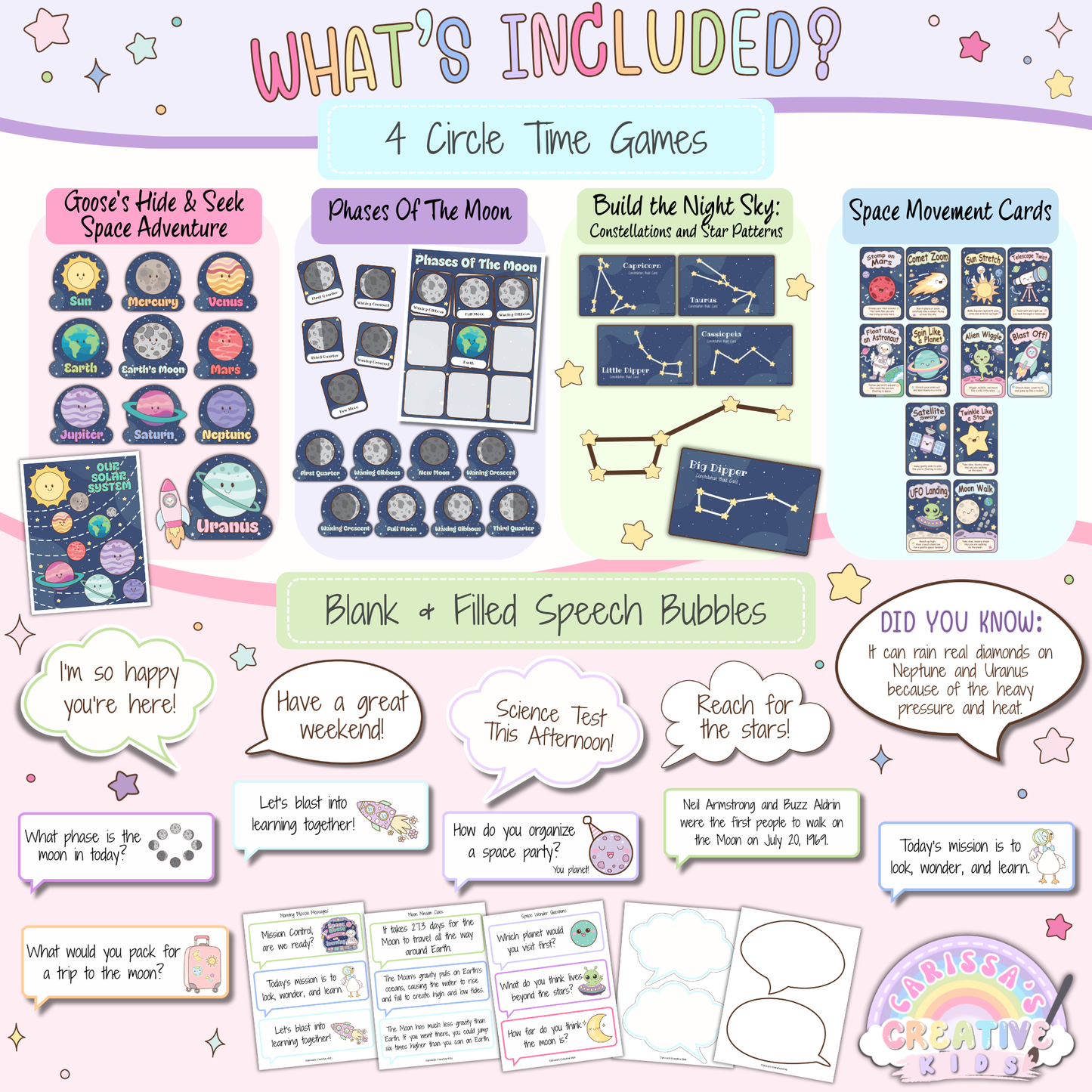Classroom Goose Outer Space and Science Pack printable showing 4 circle time games, including a solar system hide-and-seek activity, moon phases game, constellation building activity, space movement cards, and blank and prewritten speech bubbles for preschool and elementary classrooms.