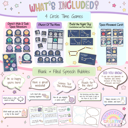 Classroom Goose Outer Space and Science Pack printable showing 4 circle time games, including a solar system hide-and-seek activity, moon phases game, constellation building activity, space movement cards, and blank and prewritten speech bubbles for preschool and elementary classrooms.