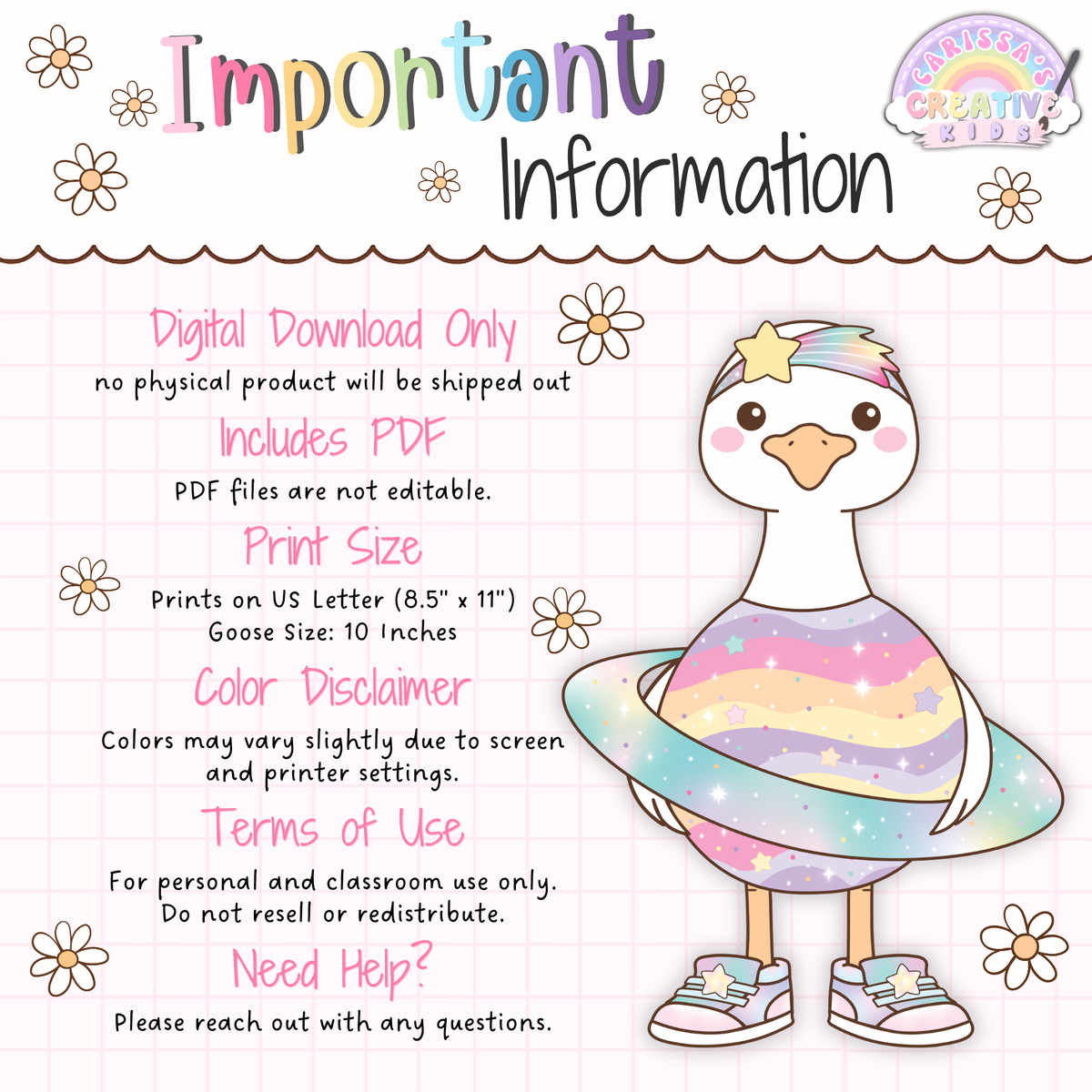 Important information for the Classroom Goose Outer Space and Science Pack digital download, showing PDF format, US Letter print size, 10-inch goose size, color disclaimer, classroom use terms, and a cosmic dress-up goose illustration.