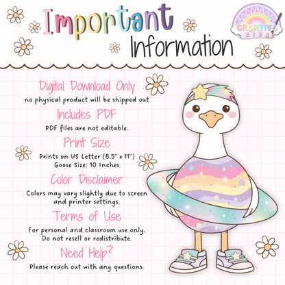 Important information for the Classroom Goose Outer Space and Science Pack digital download, showing PDF format, US Letter print size, 10-inch goose size, color disclaimer, classroom use terms, and a cosmic dress-up goose illustration.
