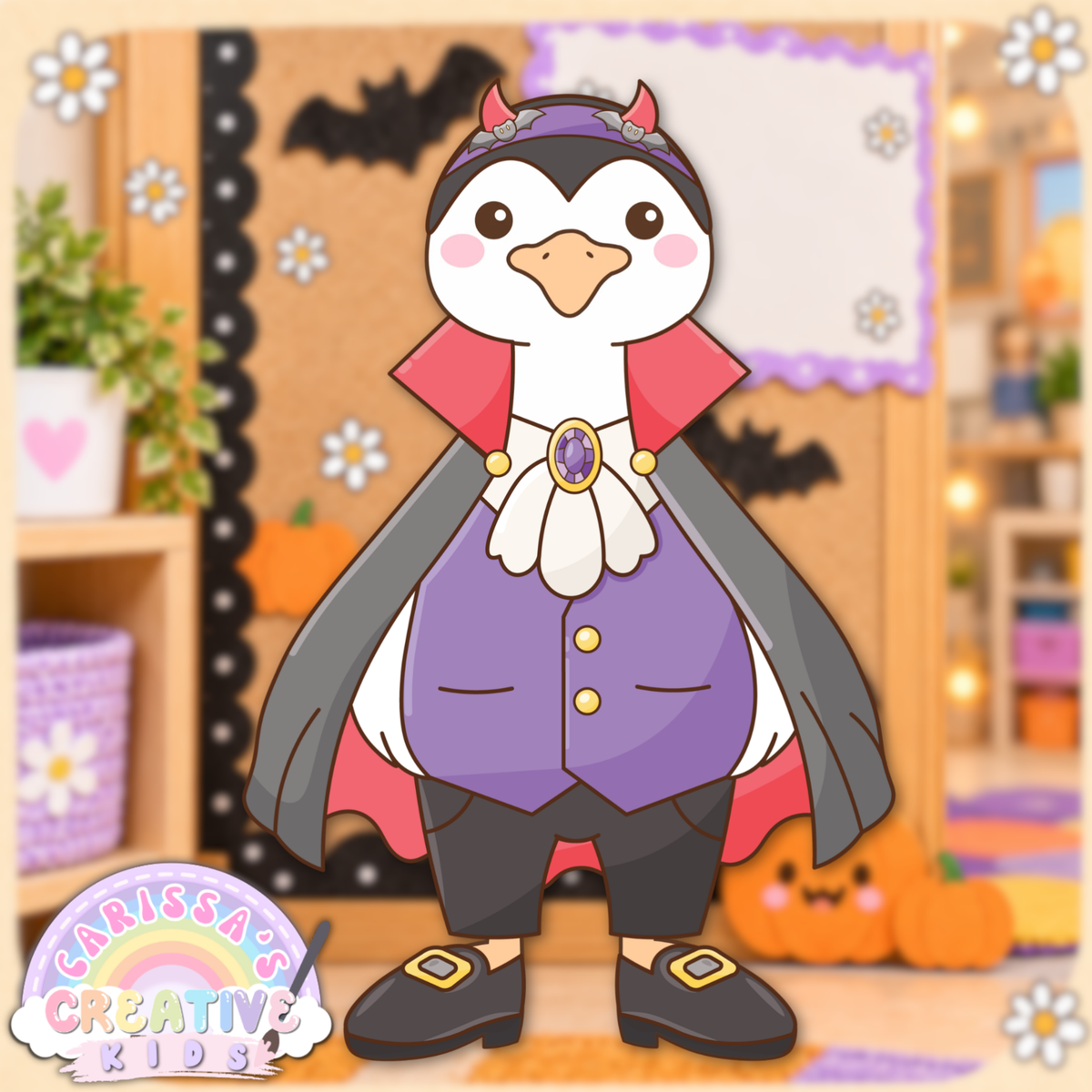 Classroom Goose vampire costume printable shown in a Halloween classroom, featuring a silly goose dressed with a cape, vest, horned headpiece, and shoes for preschool, kindergarten, daycare decor, bulletin board decor, and seasonal classroom displays.