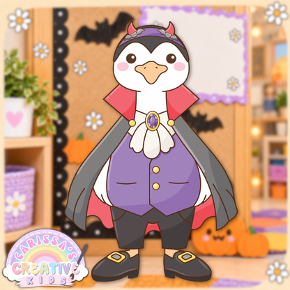 Classroom Goose vampire costume printable shown in a Halloween classroom, featuring a silly goose dressed with a cape, vest, horned headpiece, and shoes for preschool, kindergarten, daycare decor, bulletin board decor, and seasonal classroom displays.