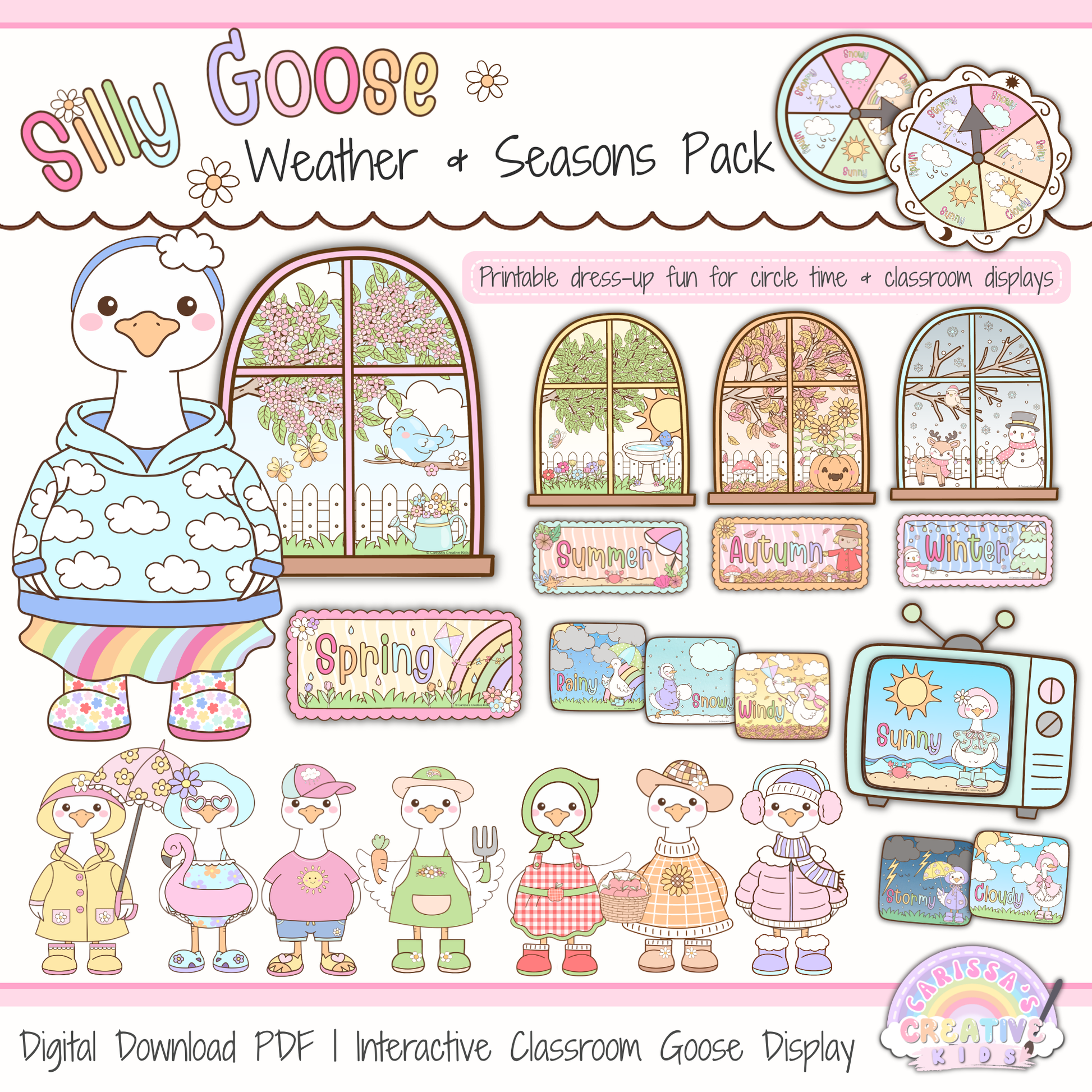 Classroom Goose Weather & Seasons Pack printable classroom decor featuring a dress-up weather goose, seasonal windows, weather spinners, weather TV, weather cards, and pastel classroom display pieces for preschool, kindergarten, and elementary classrooms.
