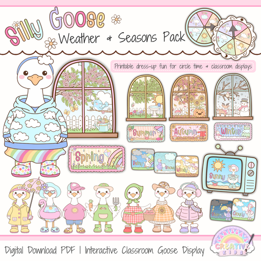 Classroom Goose Weather & Seasons Pack printable classroom decor featuring a dress-up weather goose, seasonal windows, weather spinners, weather TV, weather cards, and pastel classroom display pieces for preschool, kindergarten, and elementary classrooms.