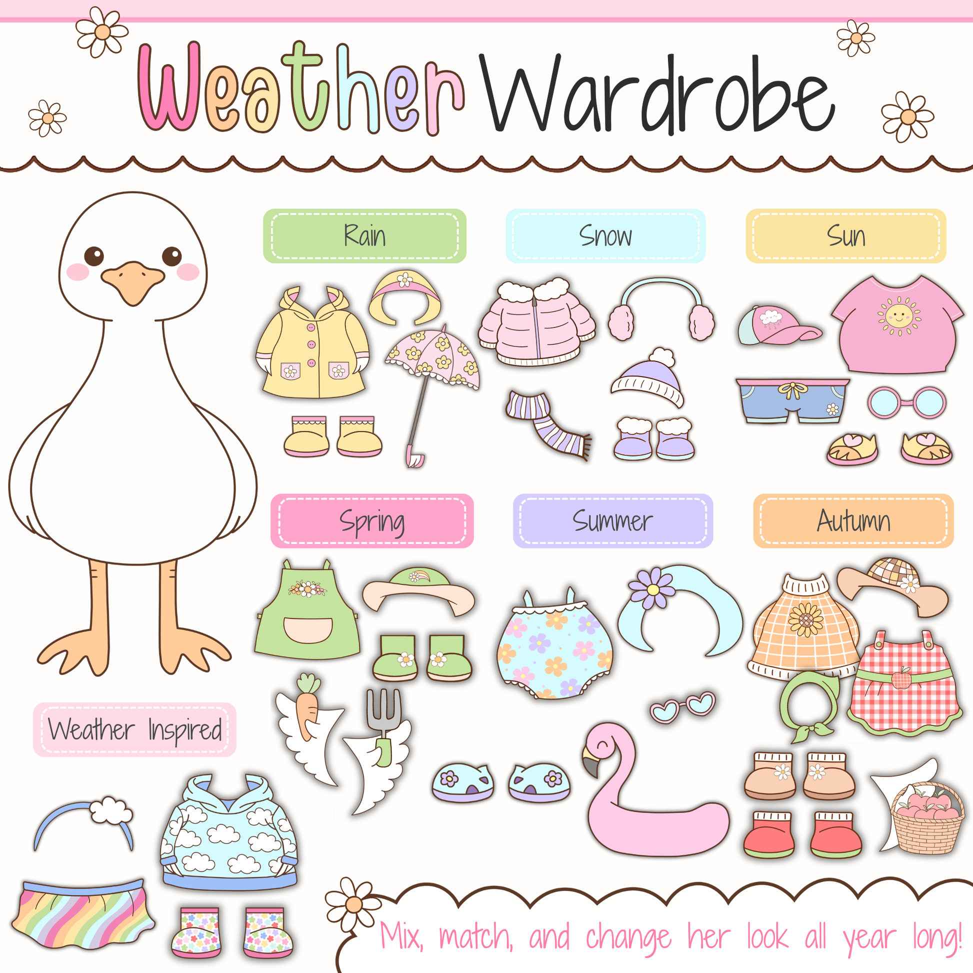 Classroom Goose Weather Wardrobe printable showing a dress-up classroom goose with rain, snow, sun, spring, summer, autumn, and weather-inspired outfit pieces for an interactive weather display in preschool, kindergarten, and elementary classrooms.