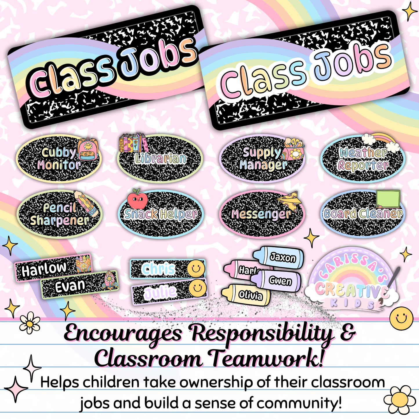 Editable classroom jobs chart promotes student responsibility and teamwork with roles like Messenger, Librarian, and Weather Reporter. Includes two Class Jobs headers and name tags—great for preschool and elementary classroom decor and routines.