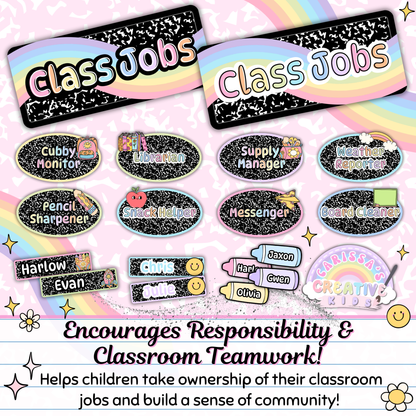 Editable classroom jobs chart promotes student responsibility and teamwork with roles like Messenger, Librarian, and Weather Reporter. Includes two Class Jobs headers and name tags—great for preschool and elementary classroom decor and routines.