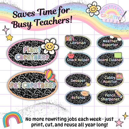 Reusable classroom job cards like Librarian, Weather Reporter, and Snack Helper help teachers save time. No need to rewrite each week—just print, cut, and reuse. Great for preschool, kindergarten, and elementary classroom management routines.