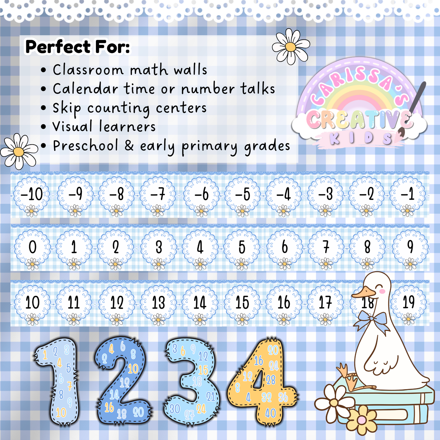 This image highlights classroom use cases for the Silly Goose Number Line, including math walls, number talks, skip counting centers, and visual learning. Displayed are numbers from -10 through 19 in soft pastel gingham with matching skip counting digits. Ideal for preschool and early primary grades, this resource supports number sense in playful, engaging ways.
