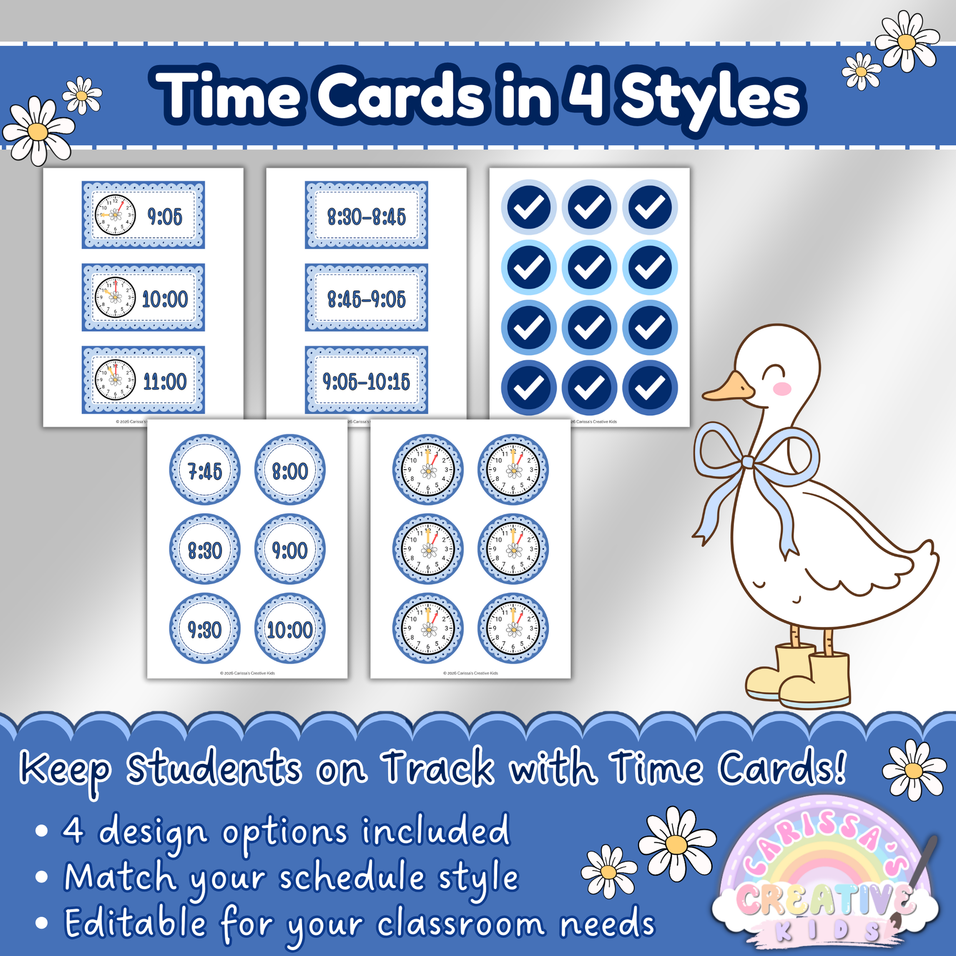 Editable time cards in four styles from the Silly Goose classroom schedule set, including circular and rectangular designs with check marks to help elementary students stay on track.