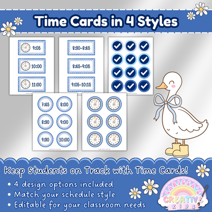 Editable time cards in four styles from the Silly Goose classroom schedule set, including circular and rectangular designs with check marks to help elementary students stay on track.