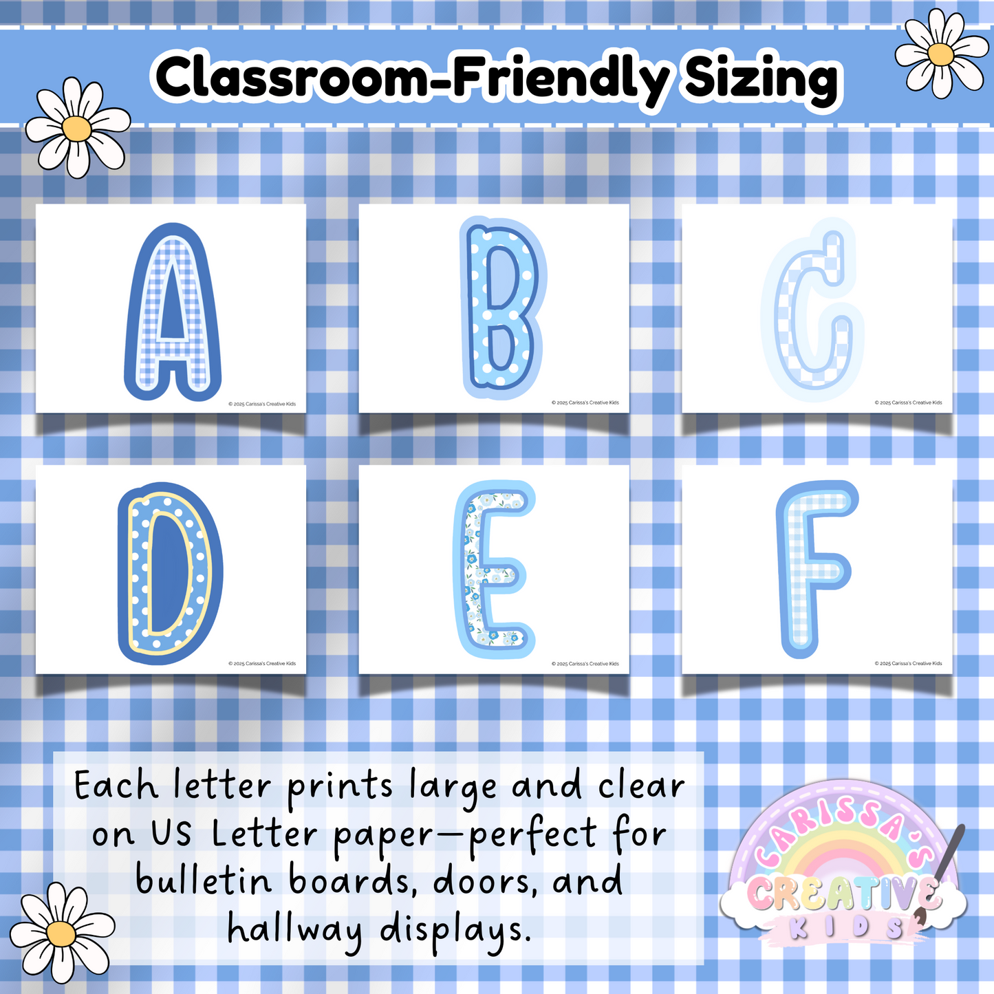 Six printable bulletin board letters in blue gingham and dot patterns displayed on US Letter paper. Large, clear designs perfect for classroom doors, hallway displays, and bulletin boards. Sized for easy visibility in preschool, daycare, or elementary school settings.