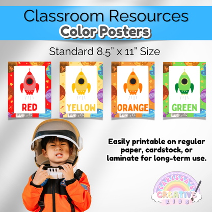 Space theme preschool printables with colorful posters for classroom and homeschool learning spaces.