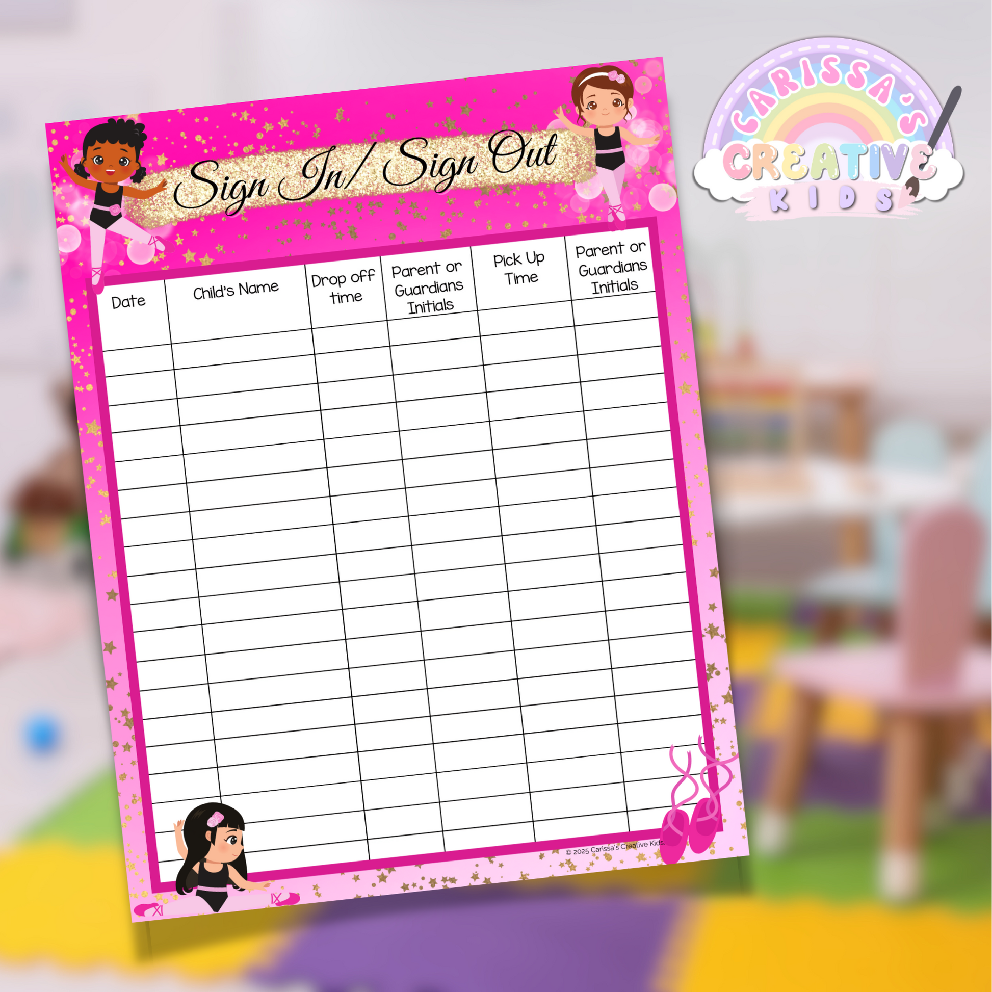 A detailed close-up of a single printable daycare sign-in sheet, showing clear attendance tracking sections and a fun, colorful design.