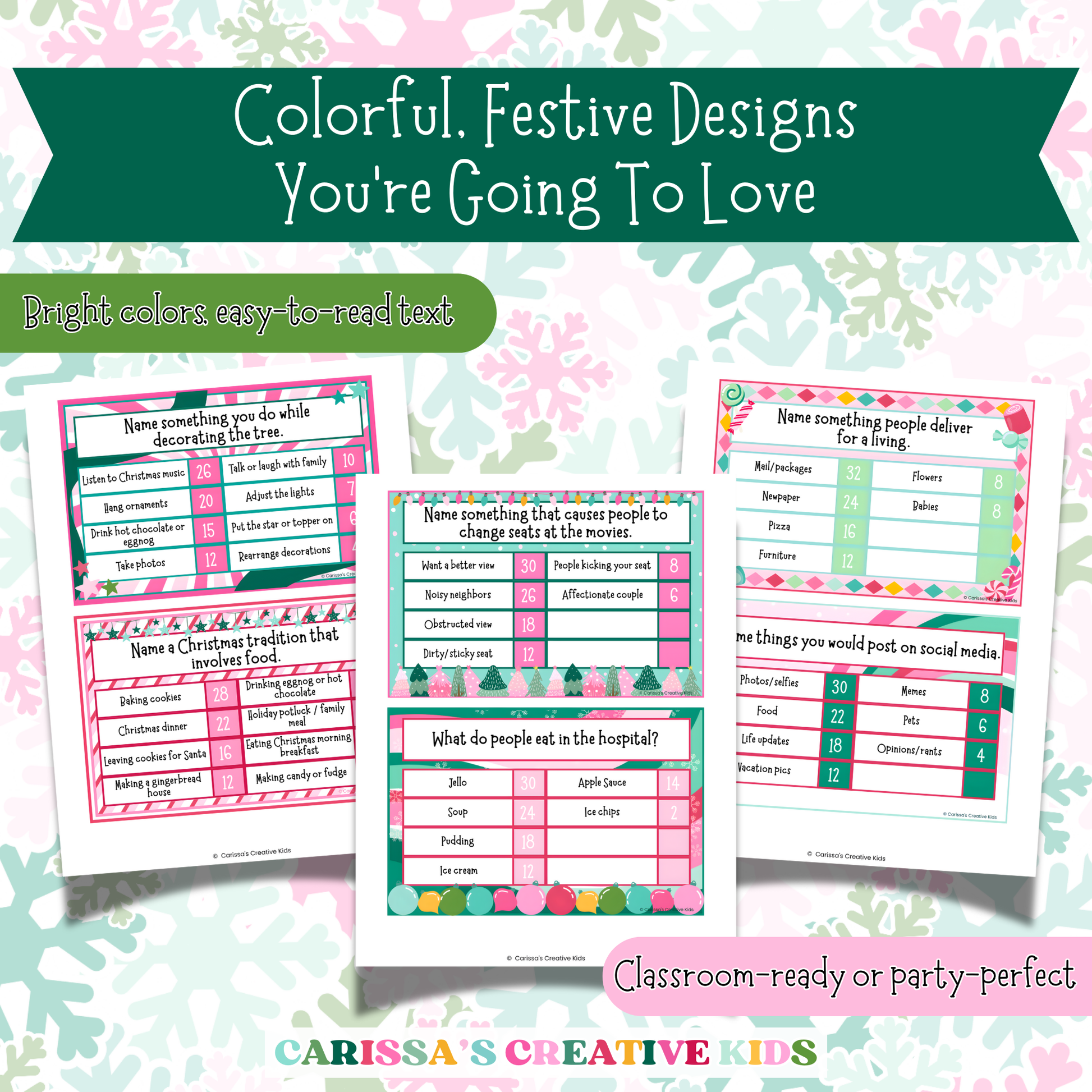 Four sample Christmas Feud game cards with bright, pastel holiday designs and easy-to-read text. Classroom-ready and party-perfect for educators, families, and hosts looking for festive, printable holiday trivia.