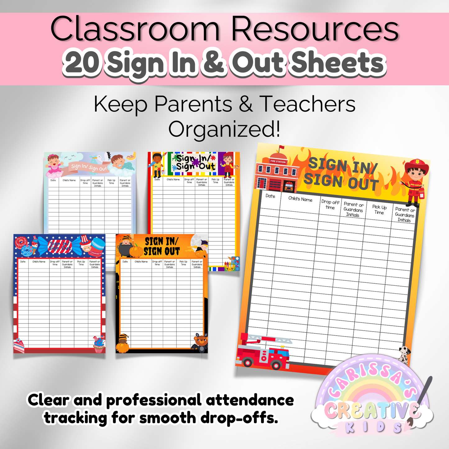 A selection of five printable sign-in sheets for daycare students, featuring creative and engaging designs such as mermaids, yetis, and space themes.