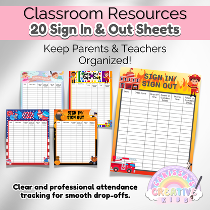 A selection of five printable sign-in sheets for daycare students, featuring creative and engaging designs such as mermaids, yetis, and space themes.