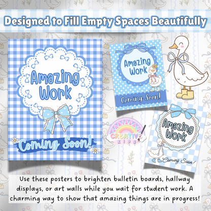 Printable “Amazing Work Coming Soon” Posters in Silly Goose Blue Gingham – Perfect for Filling Empty Classroom Bulletin Boards or Hallway Displays