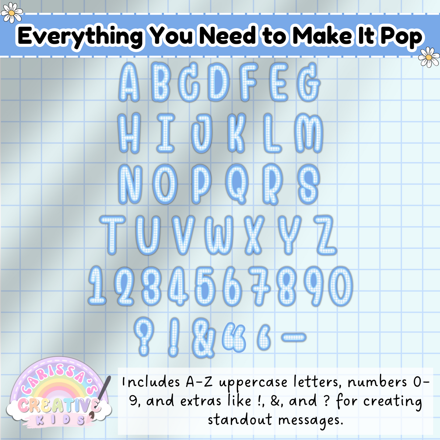 Full set of printable bulletin board letters A–Z, numbers 0–9, and special characters including exclamation points, ampersands, and question marks. Displayed on a light grid background for clear visibility, perfect for classroom displays and decorative titles.
