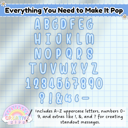 Full set of printable bulletin board letters A–Z, numbers 0–9, and special characters including exclamation points, ampersands, and question marks. Displayed on a light grid background for clear visibility, perfect for classroom displays and decorative titles.