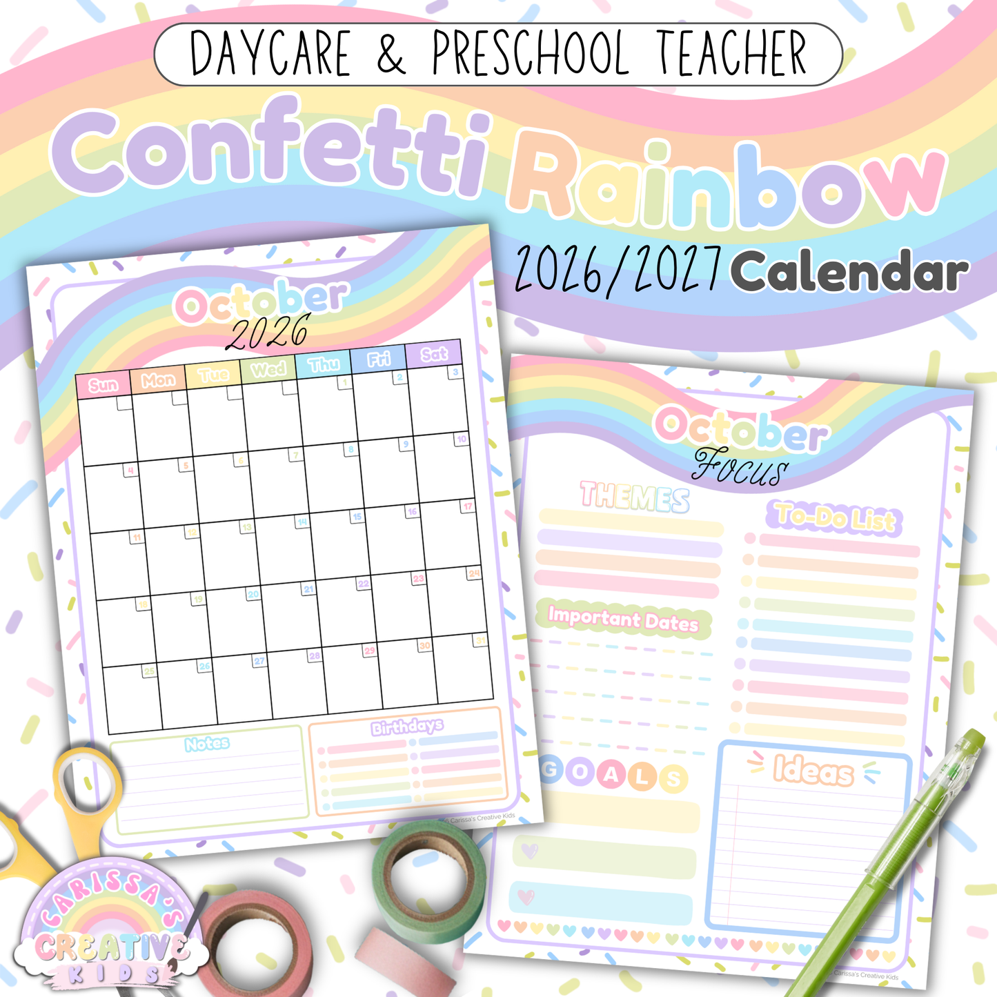 Confetti Rainbow 2026–2027 printable monthly calendar for teachers, daycare, and preschool, featuring a monthly grid with notes and birthdays sections plus a matching monthly focus planning page (US Letter).