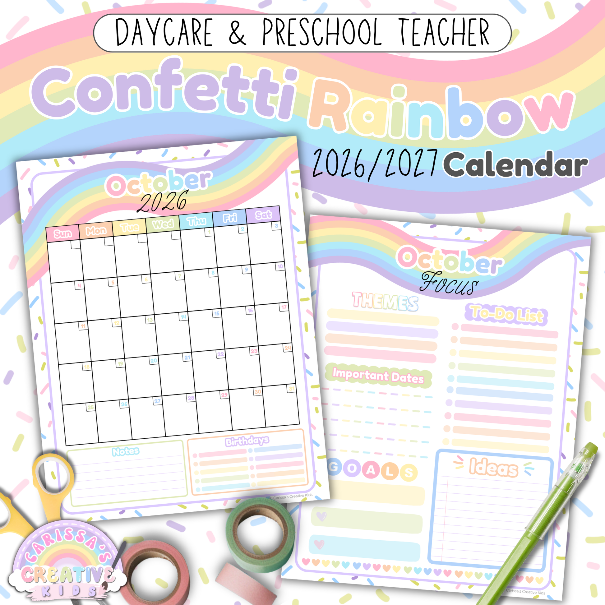 Confetti Rainbow 2026–2027 printable monthly calendar for teachers, daycare, and preschool, featuring a monthly grid with notes and birthdays sections plus a matching monthly focus planning page (US Letter).