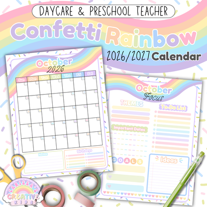 Confetti Rainbow 2026–2027 printable monthly calendar for teachers, daycare, and preschool, featuring a monthly grid with notes and birthdays sections plus a matching monthly focus planning page (US Letter).