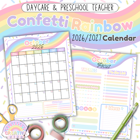 Confetti Rainbow 2026–2027 printable monthly calendar for teachers, daycare, and preschool, featuring a monthly grid with notes and birthdays sections plus a matching monthly focus planning page (US Letter).