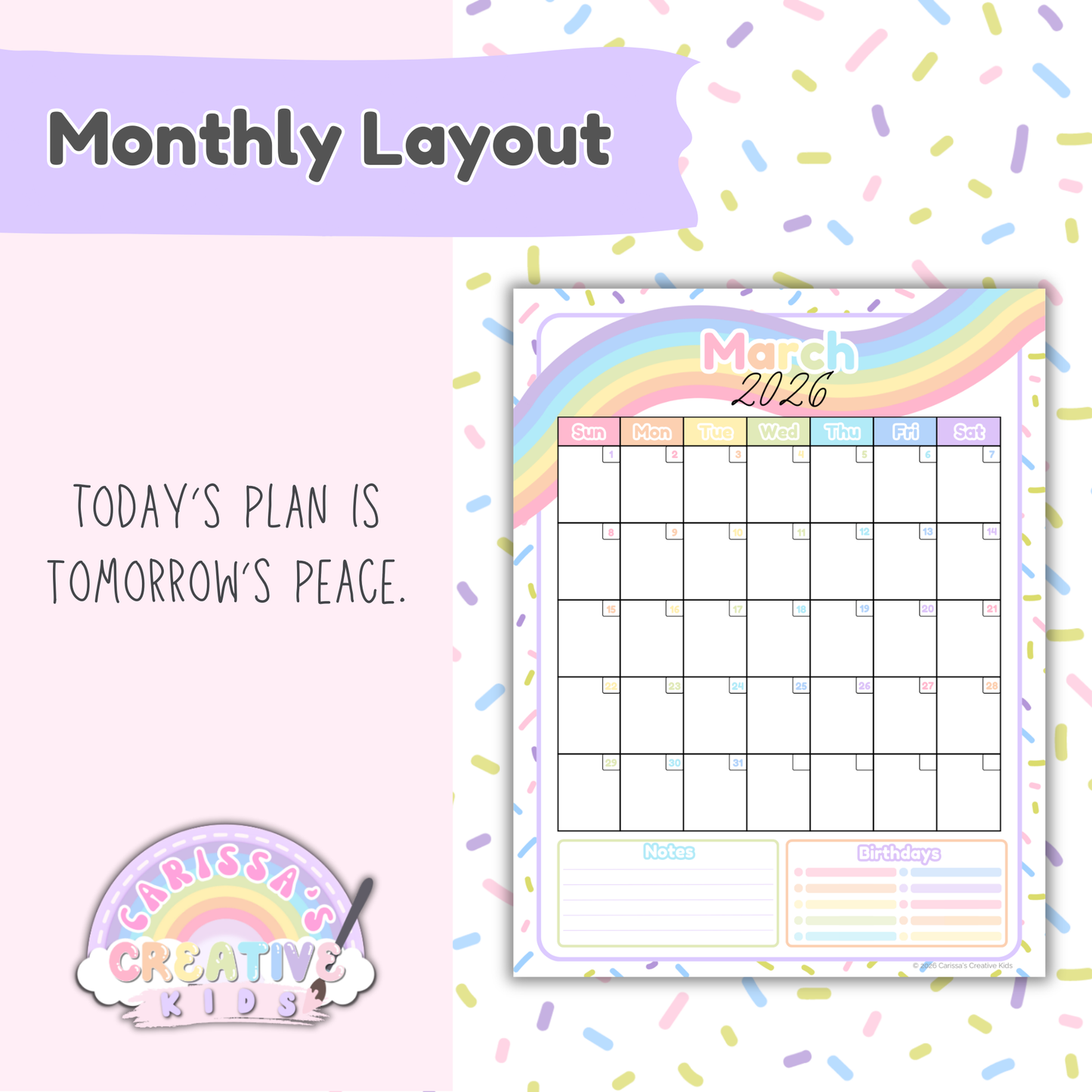 Confetti Rainbow 2026 monthly calendar layout example showing a clean month grid with ample writing space, plus dedicated Notes and Birthdays sections for teacher, preschool, and daycare planning (US Letter printable).